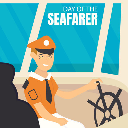 illustration vector graphic of a captain is in the control room of the ship, perfect for international day, day of the seafarer, celebrate, greeting card, etc.のイラスト素材