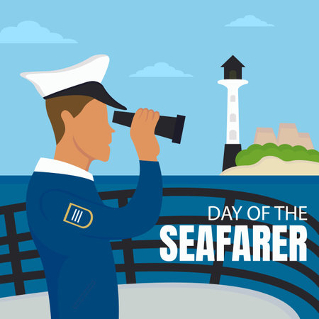 illustration vector graphic of a ship captain looking at the lighthouse tower with binoculars, perfect for international day, day of the seafarer, celebrate, greeting card, etc.のイラスト素材