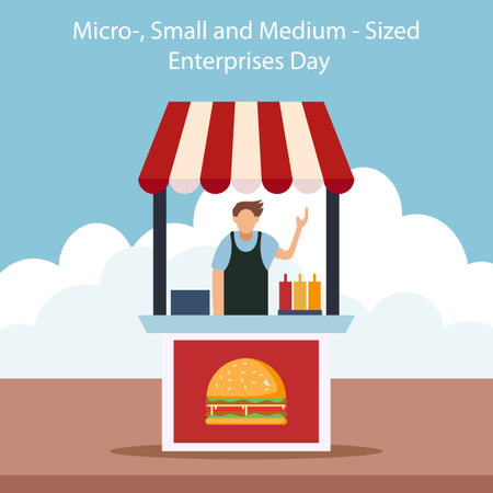 illustration vector graphic of a man selling burgers, perfect for international day, micro, small and medium, sized, enterprises day, celebrate, greeting card.のイラスト素材