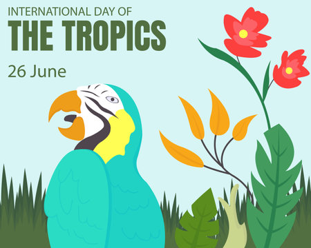 illustration vector graphic of parrot amidst grass and flower plants, perfect for international day, international day of tropics, celebrate, greeting card, etc.のイラスト素材