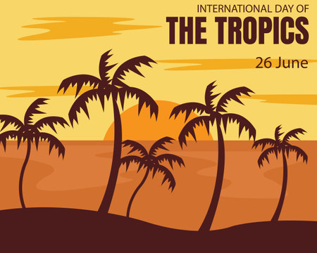 illustration vector graphic of silhouette of coconut trees on the beach, showing the sunset, perfect for international day, international day of tropics, celebrate, greeting card,のイラスト素材