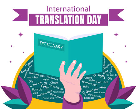 illustration vector graphic of hand holding dictionary book, perfect for international day, international translation day, celebrate, greeting card, etc.のイラスト素材