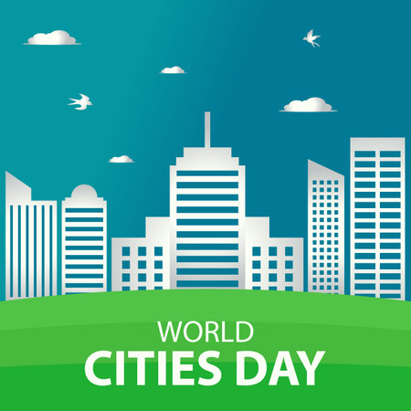 illustration vector graphic of green city with skyscrapers, perfect for international day, world cities day, celebrate, greeting card, etc.のイラスト素材