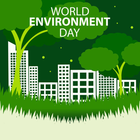 illustration vector graphic of skyscrapers behind a dense green forest, perfect for international day, world environment day, celebrate, greeting card, etc.のイラスト素材