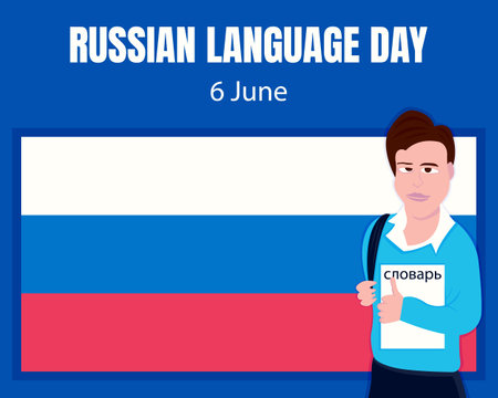 illustration vector graphic of a student brings a Russian language dictionary, showing russian flag background, perfect for international day, russian language day, celebrate, greeのイラスト素材