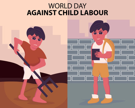 illustration vector graphic of a child is working and studying, perfect for international day, world day against child labour, celebrate, greeting card, etc.のイラスト素材