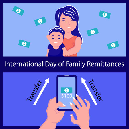 illustration vector graphic of a pair of hands using a smartphone to transfer money to his family, perfect for international day, international day of family remittances, celebrateのイラスト素材
