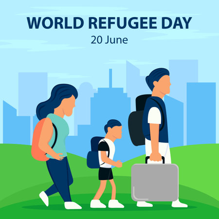 illustration vector graphic of a husband and wife and their son walked out of town, perfect for international day, world refugee day, celebrate, greeting card, etc.のイラスト素材