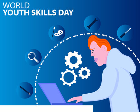 illustration vector graphic of a man using a laptop, showing several icons of different tools, perfect for international day, world youth skills day, celebrate, greeting card, etc.のイラスト素材