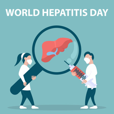illustration vector graphic of a couple of nurses are using a magnifying glass to observe a virus-affected liver, perfect for international day, world hepatitis day, celebrate, greのイラスト素材