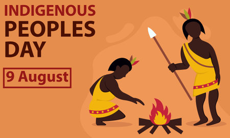 illustration vector graphic of a couple of indigenous people are lighting a bonfire, perfect for international day, indigenous peoples day, celebrate, greeting card, etc.のイラスト素材