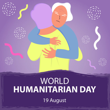 illustration vector graphic of a grandfather hugged by a volunteer activist, perfect for international day, world humanitarian day, celebrate, greeting card, etc.のイラスト素材
