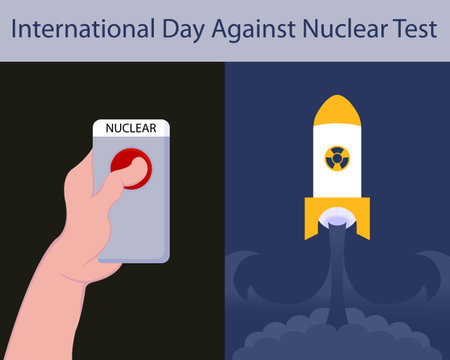 illustration vector graphic of the hand presses the remote button and the nuclear rocket flies into the sky, perfect for international day, international day against nuclear test,のイラスト素材
