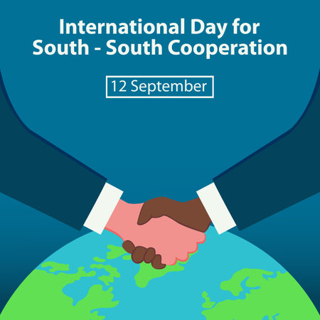illustration vector graphic of people shaking hands each other, showing globe background, perfect for international day, south south cooperation, celebrate, greeting card, etc.のイラスト素材