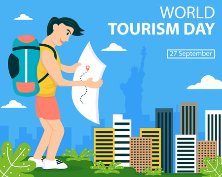 illustration vector graphic of a tourist reading a map pointer, showing skyscrapers in the background, perfect for international day, world tourism day, celebrate, greeting card, eのイラスト素材
