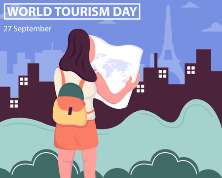 illustration vector graphic of a woman holding a map, showing the silhouette eiffel tower, perfect for international day, world tourism day, celebrate, greeting card, etc.のイラスト素材