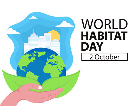 illustration vector graphic of hands holding earth sided skyscrapers, perfect for international day, world habitat day, celebrate, greeting card, etc.のイラスト素材
