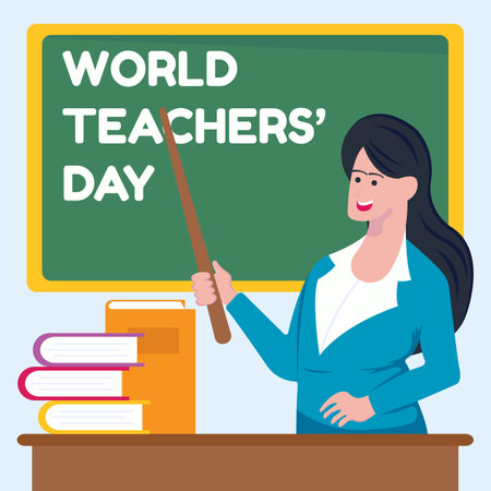 illustration vector graphic of a female teacher is holding a stick in front of the blackboard, perfect for international day, world teachers day, celebrate, greeting card, etc.のイラスト素材