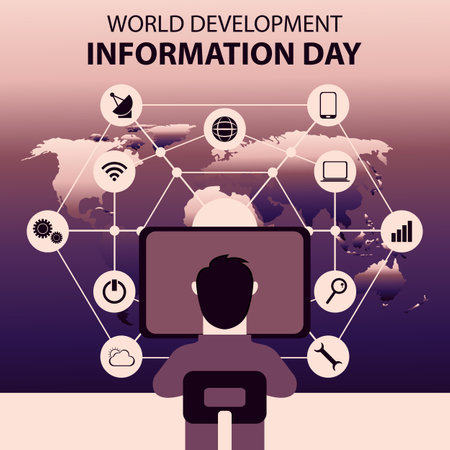 illustration vector graphic of a man is using a computer, displaying the worldwide communications network, perfect for international day, world development information day, celebraのイラスト素材
