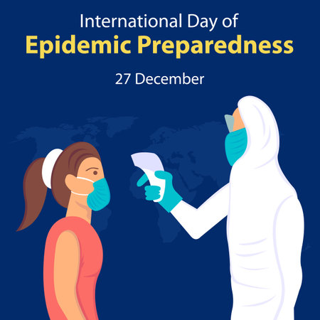 illustration vector graphic of a woman is being examined by officers using a thermogun, perfect for international day, epidemic preparedness, celebrate, greeting card, etc.のイラスト素材
