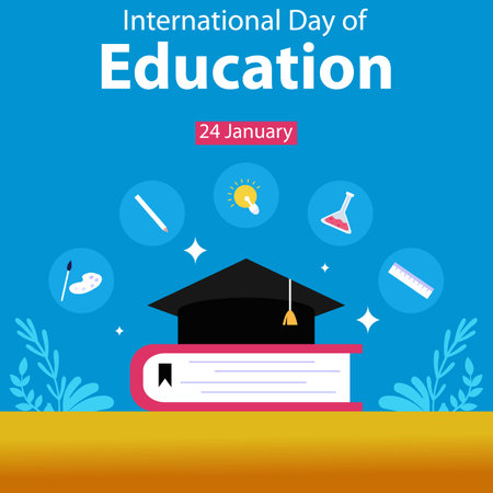 illustration vector graphic of Graduation hat on top of books, displaying study equipment, perfect for international day, international day of education, celebrate, greeting card,のイラスト素材
