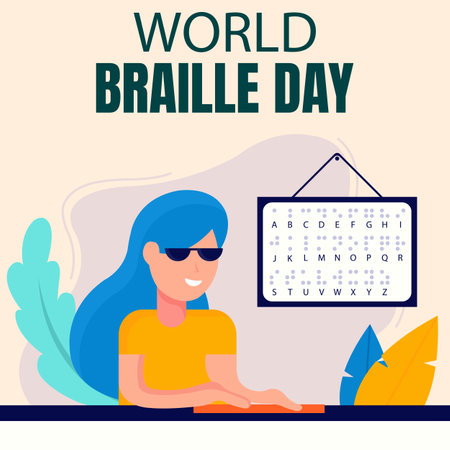 illustration vector graphic of blind woman wearing sunglasses is reading with braille alphabet, perfect for international day, world brailley day, celebrate, greeting card, etc.のイラスト素材