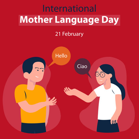 illustration vector graphic of a young couple is communicating in different languages, perfect for international day, mother language day, celebrate, greeting card, etc.のイラスト素材