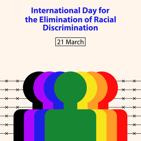 illustration vector graphic of six different colored silhouettes of people in front of a barbed fence, perfect for international day, the elimination, racial discrimination, celebrのイラスト素材
