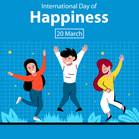 illustration vector graphic of three people jumped laughing happily at the same time, perfect for international day, international day of happiness, celebrate, greeting card, etc.のイラスト素材
