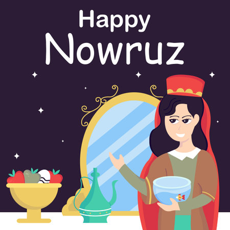 illustration vector graphic of a woman carrying a small aquarium filled with fish, perfect for international day, happy nowruz, celebrate, greeting card, etc.のイラスト素材