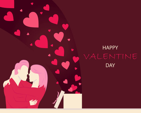 illustration vector graphic of a couple hugs, showing a heart symbol coming out of a gift box, perfect for international day, valentine's day, celebrate, greeting card, etc.のイラスト素材
