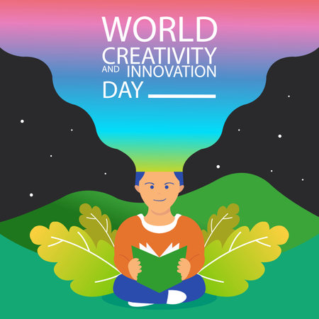 illustration vector graphic of A man's head emits rainbow waves while reading a book, perfect for international day, world creativity and innovation day, celebrate, greeting card,のイラスト素材
