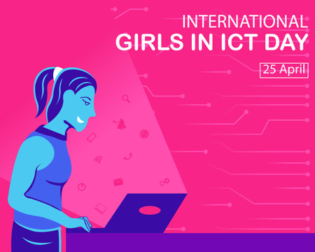 illustration vector graphic of a woman is using a laptop, displaying digital icons coming out of the laptop screen, perfect for international day, international girls in ict day, cのイラスト素材