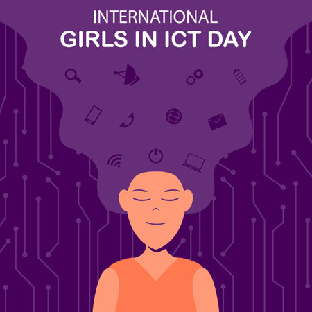 illustration vector graphic of a woman's hair blowing in the wind contains digital icons, displaying electronic circuits, perfect for international day, international girls in ictのイラスト素材