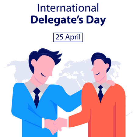 illustration vector graphic of two male delegation representatives shook hands, perfect for international day, international delegates day, celebrate, greeting card, etc.のイラスト素材