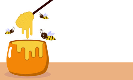 illustration vector graphic of wooden honey spoon and jar, featuring flying bees, perfect for international day, world bee day, celebrate, greeting card, etc.のイラスト素材