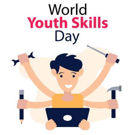 illustration vector graphic of a boy uses a laptop and holds other equipment, perfect for international day, world youth skills day, celebrate, greeting card, etc.のイラスト素材