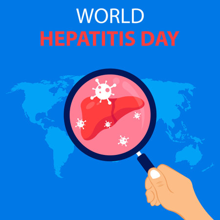 illustration vector graphic of hand holding a magnifying glass to see the infected liver, perfect for international day, world hepatitis day, celebrate, greeting card, etc.のイラスト素材