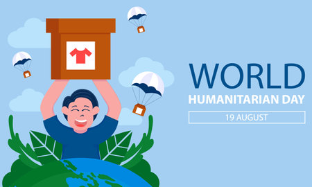 illustration vector graphic of a man is lifting a cardboard box that fell by parachuting, perfect for international day, world humanitarian day, celebrate, greeting card, etc.のイラスト素材