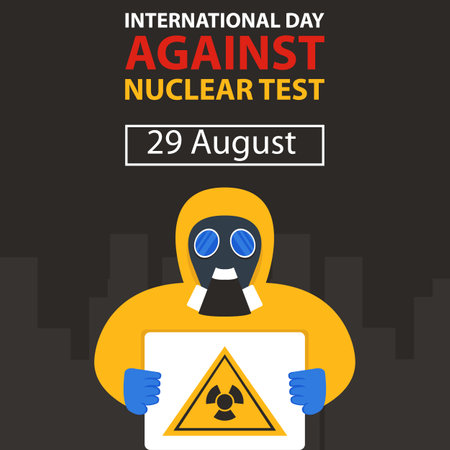 illustration vector graphic of a person wearing a nuclear protective suit holds a warning sign, perfect for international day, against nuclear test, celebrate, greeting card, etc.のイラスト素材