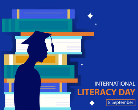illustration vector graphic of silhouette of a scholar against the background of a pile of books, perfect for international day, international literacy day, celebrate, greeting carのイラスト素材