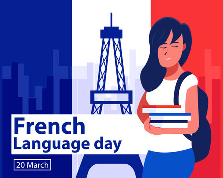 illustration vector graphic of A student holds books and a bag, displaying the French flag, perfect for international day, french language day, celebrate, greeting card, etc.のイラスト素材
