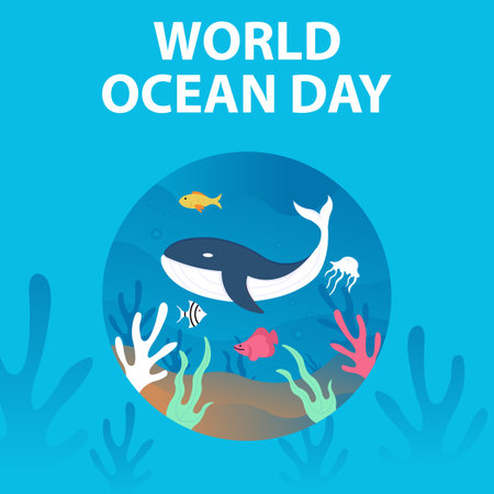 illustration vector graphic of blue whales and other marine life, perfect for international day, world ocean day, celebrate, greeting card, etc.woのイラスト素材