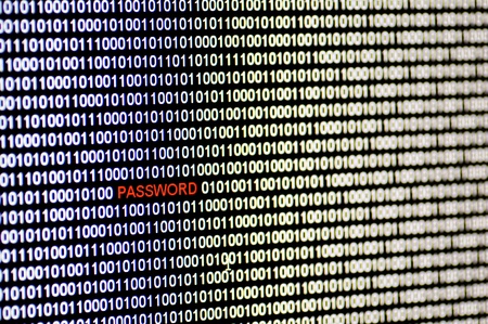 Computer screen with binary code and isolated red password.の写真素材