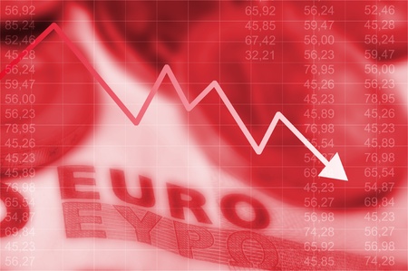 Arrow graph going down and euro currency in backgroundの写真素材