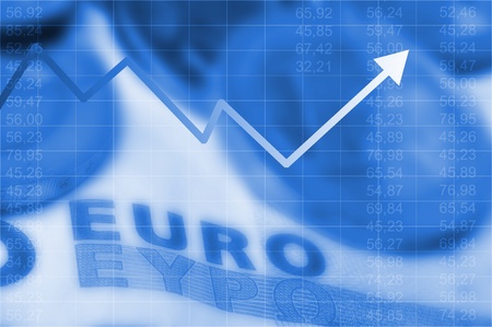 Arrow graph going up and euro currency in backgroundの写真素材