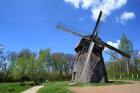 LUBLIN, POLAND - APRIL 27: Windmill in the open-air museum of lubelskie district on april 27, 2015 in Lublin, Poland.のeditorial素材