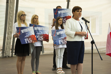 SWIDNIK, POLAND - AUGUST 21, 2015: Beata Szydlo during parliamentary election campaign, candidate for Prime Minister meets with electorateのeditorial素材