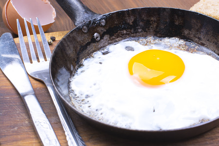 Fried egg on pan. Breakfast.の写真素材