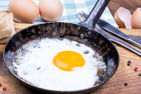 Fried egg on pan. Breakfast.の写真素材